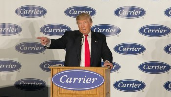 Then President-elect Donald Trump speaks to workers at Carrier air conditioning and heating on December 1, 2016 in Indianapolis, Indiana.