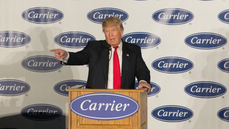 Then President-elect Donald Trump speaks to workers at Carrier air conditioning and heating on December 1, 2016 in Indianapolis, Indiana.