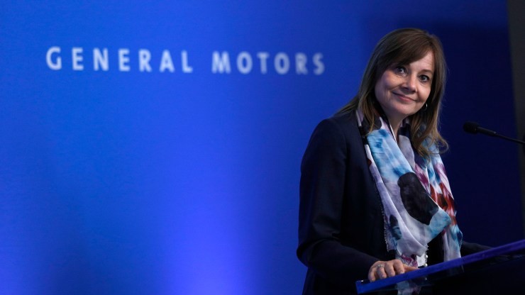General Motors CEO Mary Barra speaks to the news media before the automobiile maker's annual meeting of shareholders at GM world headquarters June12, 2018 in Detroit, Michigan.