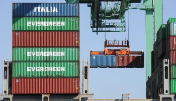 Containers are offloaded from a ship at the Port of Los Angeles, the nation's busiest.
