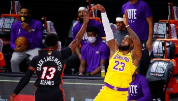 LeBron James of the Los Angeles Lakers shoots a three point basket against the Miami Heat during the 2020 NBA Finals in the "bubble" on Sept. 30 in Lake Buena Vista, Florida.
