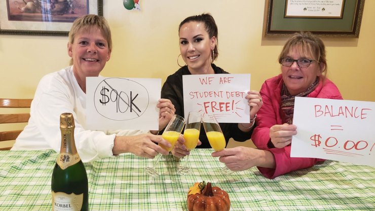 Jessie Suren, her mom and aunt celebrating Suren paying down her student loans.