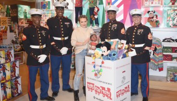 Hilary Duff and Toys for Tots Marines kick off last year's campaign at a Disney store in Los Angeles.