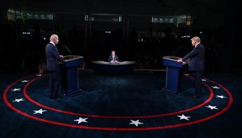 Joe Biden and Donald Trump in their first presidential campaign debate. Lee Carter recalls that during the campaign, Trump emphasized the economy and Biden highlighted character issues.