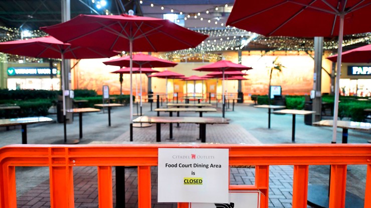 Outdoor dining is closed at the Citadel Outlets in Los Angeles, California on November 30, 2020, after Los Angeles County banned outdoor dining in an attempt to stem the latest surge in coronavirus cases.