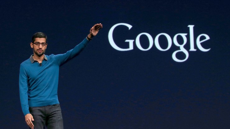 Google CEO Sundar Pichai delivers the keynote address during the 2015 Google I/O conference on May 28, 2015 in San Francisco, California.