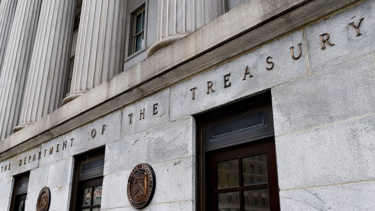 An exterior view of the building of US Department of the Treasury is seen on March 27, 2020 in Washington, D.C.