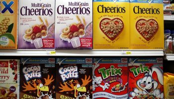 Boxes of cereal line a grocery store in San Rafael, California.