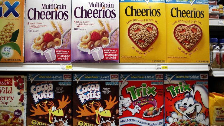 Boxes of cereal line a grocery store in San Rafael, California.