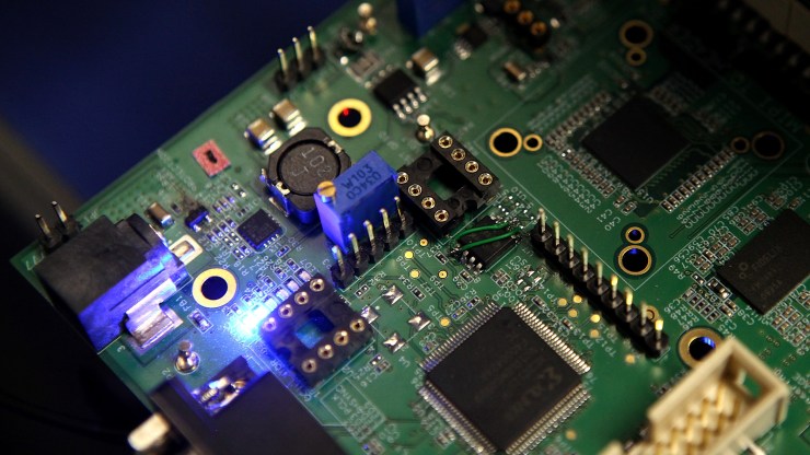 Semiconductors are seen on a circuit board.