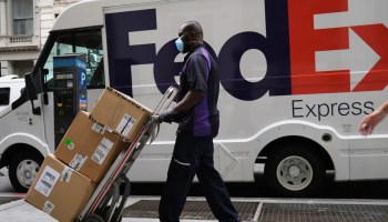 A FedEx driver makes deliveries in Manhattan on Sept. 17, 202,0 in New York City.