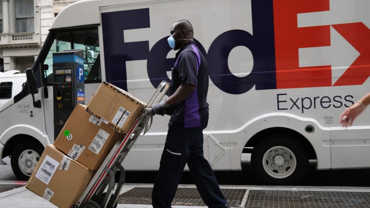 A FedEx driver makes deliveries in Manhattan on Sept. 17, 202,0 in New York City.