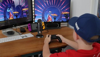 An 11-year-old boy plays Fortnite, featuring Travis Scott Presents: Astronomical, on April 23, 2020, in South Pasadena, California.