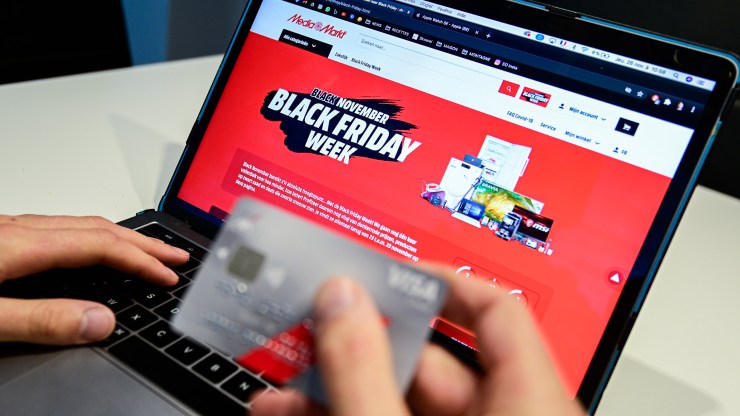 Illustration picture shows a person shopping at an online Black Friday sales event.
