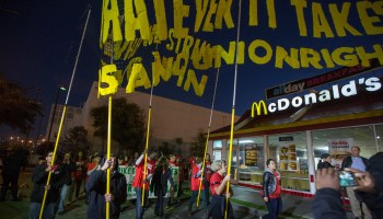 McDonald's restaurant employees rally for a $15 per hour wage in 2016 in Los Angeles, California.