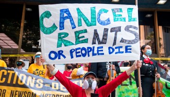 Renters and housing advocates attend a protest to cancel rent and avoid evictions in front of the court house amid Coronavirus pandemic on August 21, 2020, in Los Angeles, California