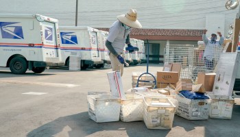 Postal workers sort, load and deliver mail outside a USPS location in Los Angeles, California, in August.