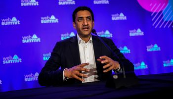 Rep. Ro Khanna gives a press conference during the Web Summit in Lisbon, Portugal, on November 6, 2019.