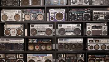 The Wall of Boom by DJ Ross One, an art installation featuring 32 vintage boomboxes.