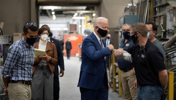 Then-presidential candidate Joe Biden visits an aluminum manufacturing facility in Manitowoc, Wisconsin, on September 21, 2020.