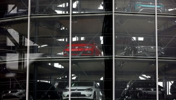 The storage facility auto tower of German carmaker Volkswagen is pictured at the company headquarters in Wolfsburg on October 26, 2020.