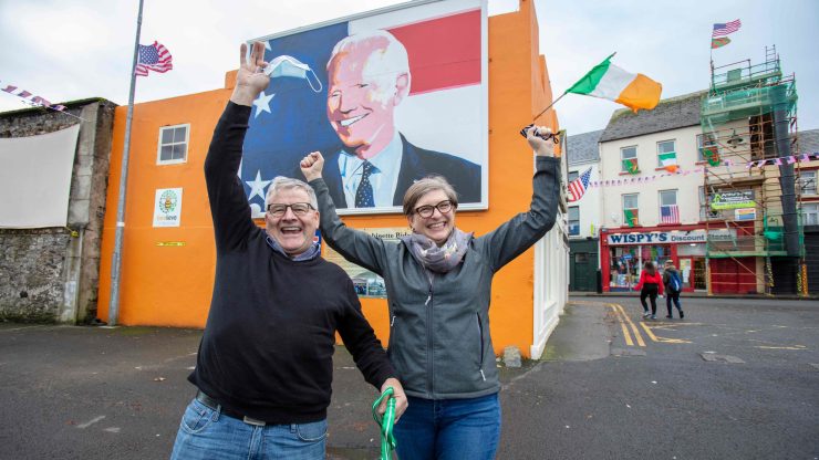 Kevin and Elizabeth Nestor, who have just moved back home to Ballina, northwest Ireland, from Pennsylvania, celebrate Joe Biden's presidential election win in Biden's ancestral home on November 8, 2020.