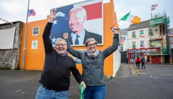 Kevin and Elizabeth Nestor, who have just moved back home to Ballina, northwest Ireland, from Pennsylvania, celebrate Joe Biden's presidential election win in Biden's ancestral home on November 8, 2020.