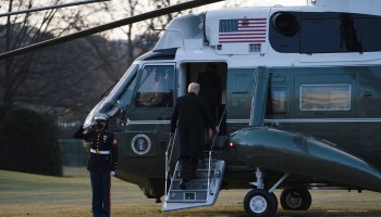President Donald Trump and first lady Melania Trump board Marine One as they depart the White House on January 20, 2021 in Washington.