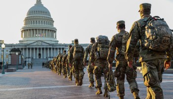 Members of the U.S. National Guard arrive at the U.S. Capitol on January 12, 2021 in Washington.