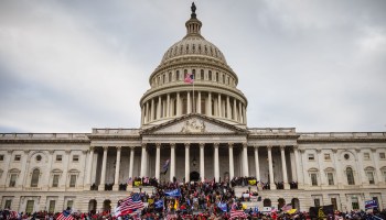 A large group of pro-Trump protesters stand on the East steps of the Capitol Building after storming its grounds on January 6, 2021 in Washington.
