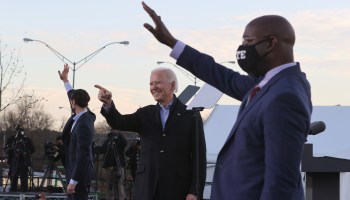 Jon Ossoff, left, and Raphael Warnock campaign with President-elect Joe Biden in Atlanta. With the victories of Ossoff and Warnock, Democrats will control the Senate.