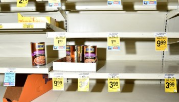 Mostly empty supermarket shelves at the beginning of the coronavirus pandemic. Food prices have climbed as the U.S. economy struggles to recover from the recession.