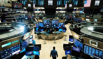 Traders work on the floor of the New York Stock Exchange on March 20, 2020, in New York City.
