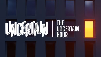 The Uncertain Hour logo alongside one lit window in an otherwise empty building