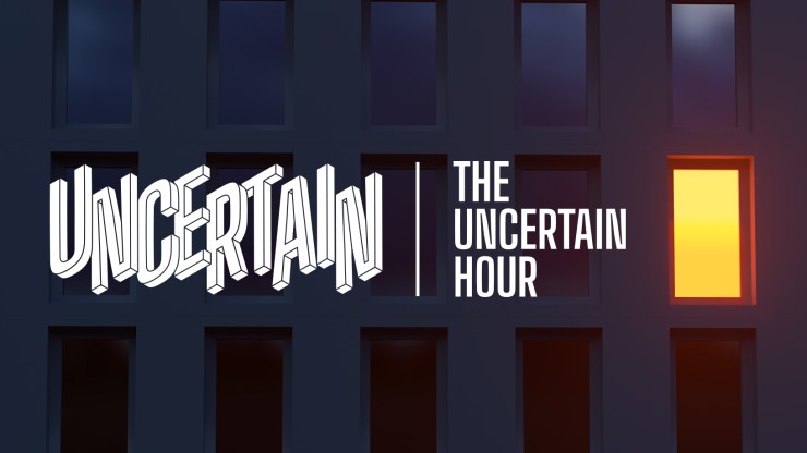 The Uncertain Hour logo alongside one lit window in an otherwise empty building
