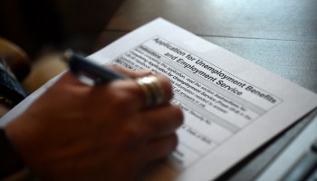 A person files an application for unemployment benefits on April 16, 2020, in Arlington, Virginia.
