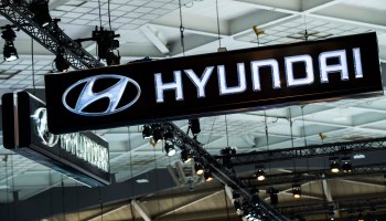 An illustration shows the logo of Hyundai at the #WeAreMobility fair at the 97th edition of the Brussels Motor Show in Belgium on Friday, January 18, 2019.