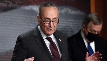 Senate Majority Leader Chuck Schumer, D-N.Y., (left) and Senate Democratic Whip Dick Durbin, D-Ill., at a press conference at the Capitol on Feb. 2, 2021 in Washington.