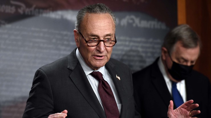 Senate Majority Leader Chuck Schumer, D-N.Y., (left) and Senate Democratic Whip Dick Durbin, D-Ill., at a press conference at the Capitol on Feb. 2, 2021 in Washington.