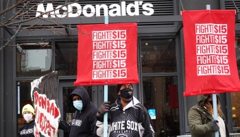 Demonstrators participate in a protest outside of McDonald's corporate headquarters on January 15, 2021 in Chicago, Illinois.