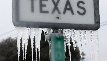 Icicles hang off the State Highway 195 sign on February 18, 2021 in Killeen, Texas.