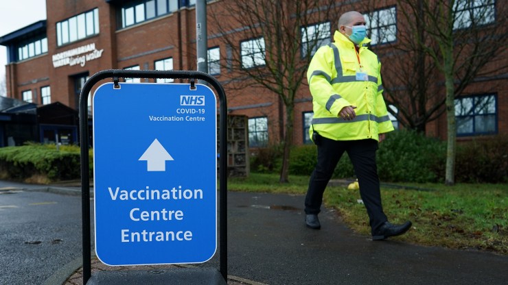 Outside the Arnison Vaccination Centre in Durham, England.