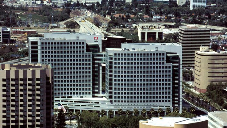 An aerial view shows the Silicon Valley location of Adobe in San Jose, California April 21, 2000.