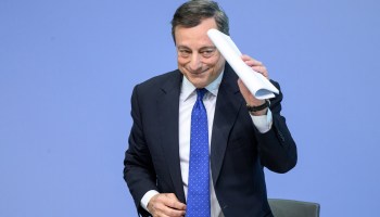 Then-President of the European Central Bank Mario Draghi speaks to the media during a press conference following the meeting of the Governing Council on April 27, 2017 in Frankfurt am Main, Germany.