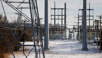 A view of transmission towers and power lines in Texas after Winter Storm Uri hit.