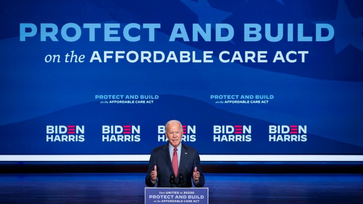 Joe Biden delivers remarks about the Affordable Care Act and COVID-19 at The Queen theater on Oct. 28, 2020, in Wilmington, Delaware.