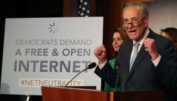 Senate Majority Leader Charles Schumer speaks at a press conference about net neutrality.