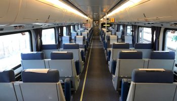 An empty Amtrak car headed for the San Francisco Bay Area. Prior to the pandemic, riders would enjoy camaraderie and make career connections.