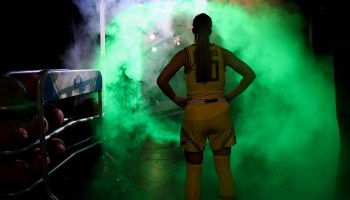 Sabrina Ionescu #20 of the Oregon Ducks waits to be introduced before a semifinal game of the Pac-12 Conference women’s basketball tournament against the Arizona Wildcats at the Mandalay Bay Events Center on March 7, 2020 in Las Vegas, Nevada.