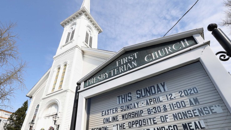 The First Presbyterian Church displays information on the Easter service being presented online on April 12, 2020 in Babylon, New York.